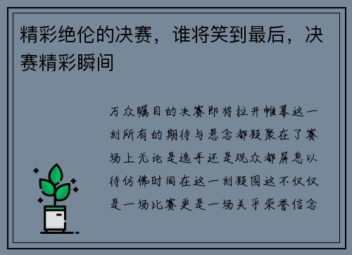 精彩绝伦的决赛，谁将笑到最后，决赛精彩瞬间